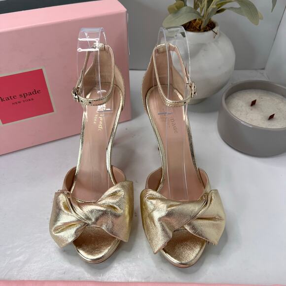 Kate Spade Bridal Bow Leather Heeled Pumps Pale Gold K1004 Women's 5.5B NWB - Picture 5 of 11